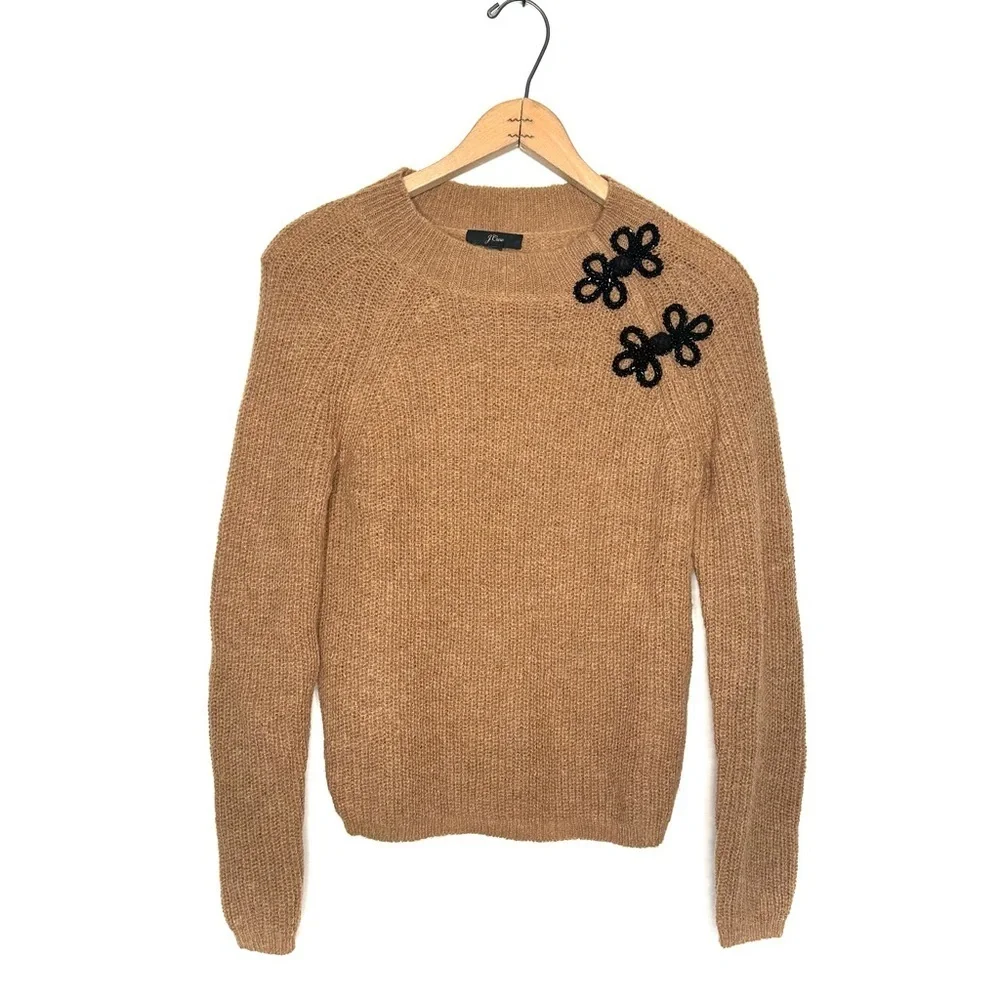 J. Crew | Alpaca Wool Camel Tan Ribbed Sweater with Beaded Frog Clasps Size XS